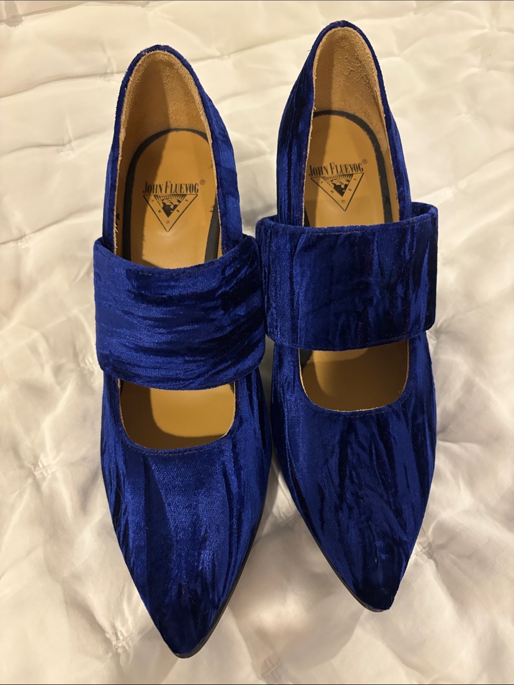 John Fluevog Blue Velvet Mary Jane Heels